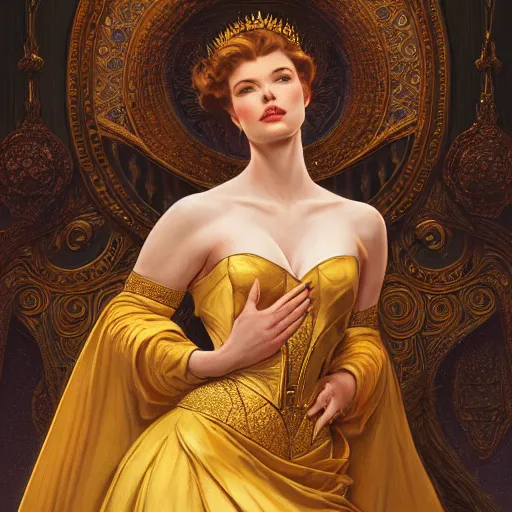 Image similar to kneeling before a condescending queen, royal gown, golden detailing, medium shot, intricate, elegant, highly detailed, digital painting, volumetric light, artstation, concept art, smooth, sharp focus, illustration, art by Gil Elvgren and Greg Rutkowski and Alphonse Mucha, 8K