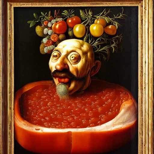 Image similar to a chef sitting in a bathtub full of tomato sauce, dinner is served, by giuseppe arcimboldo and ambrosius benson, renaissance, fruit, intricate and intense oil paint, realistic