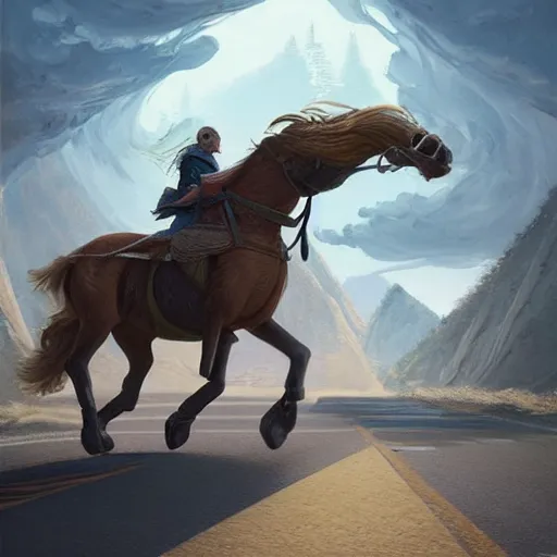 Image similar to a painting of a person riding a horse on a road, concept art by chris labrooy, cgsociety, retrofuturism, sci - fi, concept art, futuristic