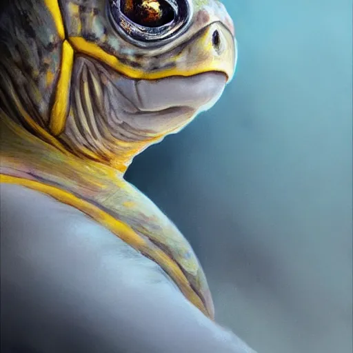 Image similar to A head-on detailed oil portrait of a beautiful mutant turtle with pale blue eyes and long yellow hair by greg rutkowski and artgerm, trending on artstation