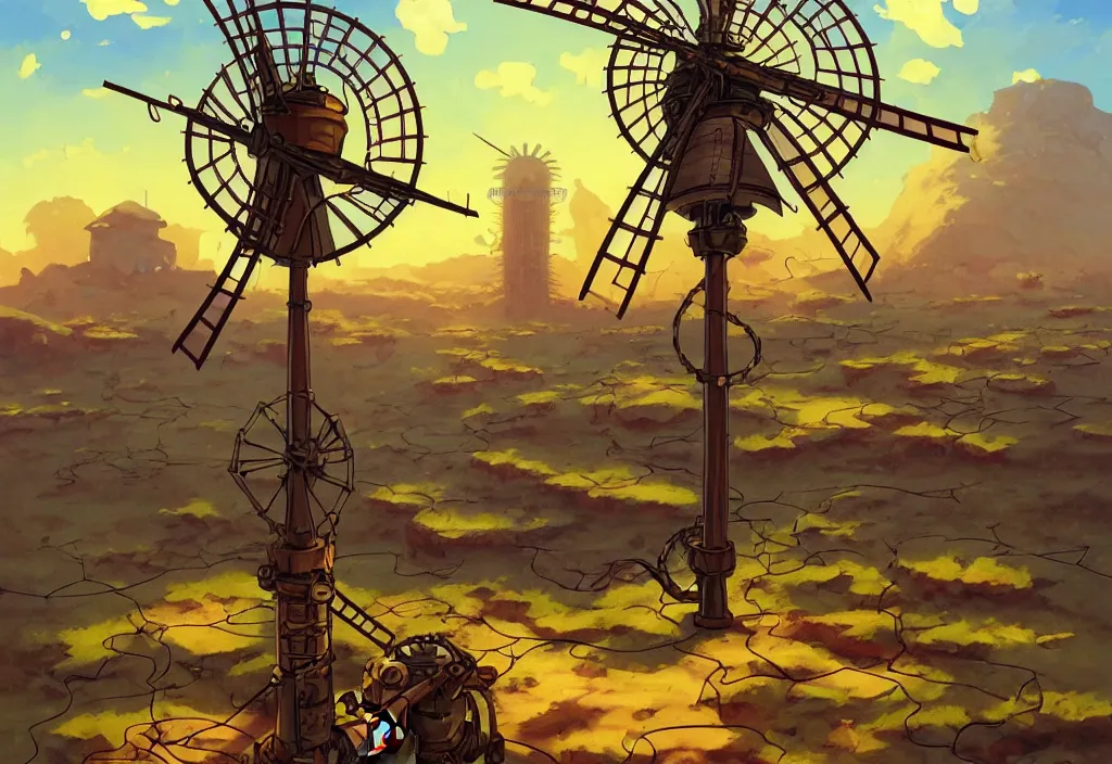 Prompt: steampunk windmill in the desert with chubby vines and puddles in the foreground, intricate oil painting, high detail illustration, sharp high detail, manga and anime 1 9 9 9, official fanart behance hd artstation by jesper ejsing and makoto shinkai, 4 k,