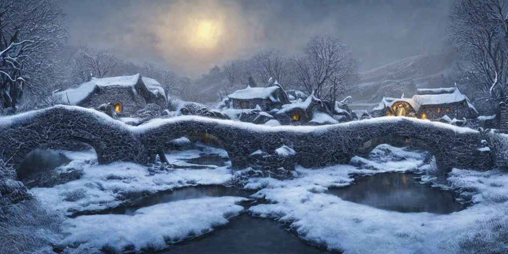 Image similar to Hobbiton near a frozen river during winter, evening, detailed matte painting, cinematic, Alan Lee, Artstation