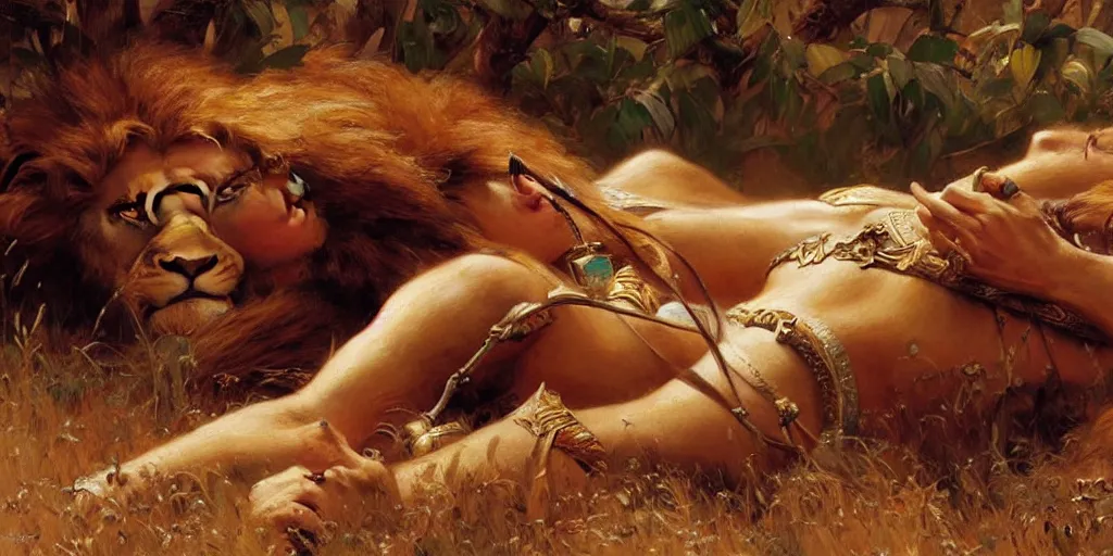 Image similar to an exhausted lion hunter girl. highly detailed painting by gaston bussiere, craig mullins, j. c. leyendecker 8 k