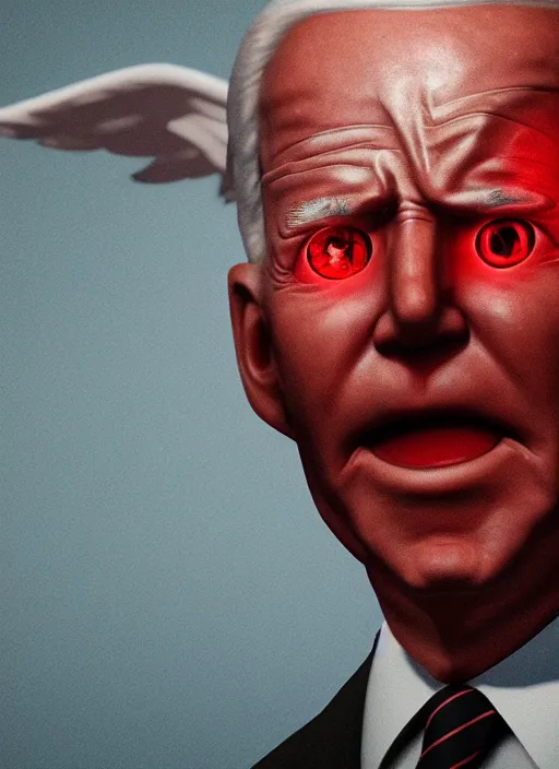 Prompt: hyper realistic ultra realistic biblically accurate angel photo furious glowing red eyes biden, high quality photo, detailed , 8k