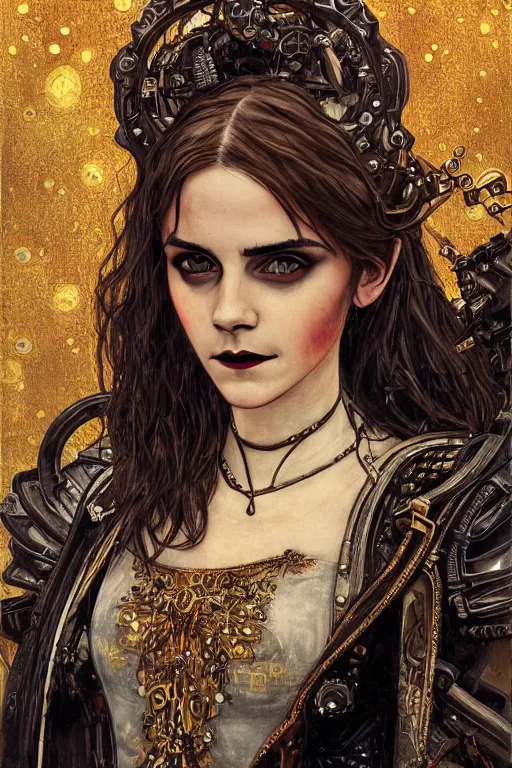 Image similar to beautiful gothic Emma Watson, cyberpunk, Warhammer, highly detailed, artstation, illustration, art by Gustav Klimt