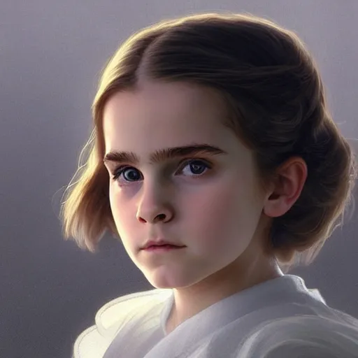 Image similar to perfectly - centered - portrait of a kid looking like young emma watson wearing white cloak holding light saber, intricate, highly detailed, digital painting, artstation, concept art, smooth, sharp focus, illustration, unreal engine 5, 8 k, art by artgerm and greg rutkowski and alphonse mucha