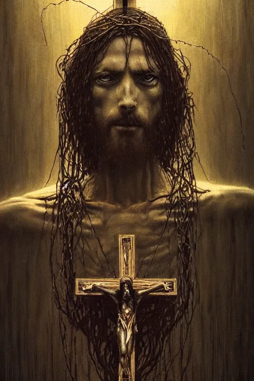 Image similar to a portrait of a cybernetic jesus nailed to a cross, wires, horror art by beksinski and giger and seb mckinnon and josan gonzalez, digital art, highly detailed, intricate, sharp focus, trending on artstation hq, deviantart, pinterest, unreal engine 5, 4 k uhd image