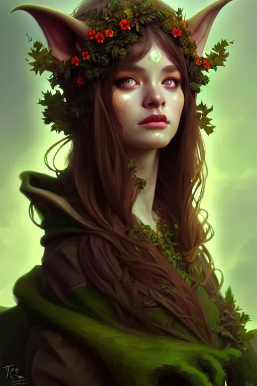 Image similar to beautiful goblin druid portrait, highly detailed, digital painting, artstation, sharp focus, illustration, art by tan zi and ayanamikodon and alphonse mucha and wlop