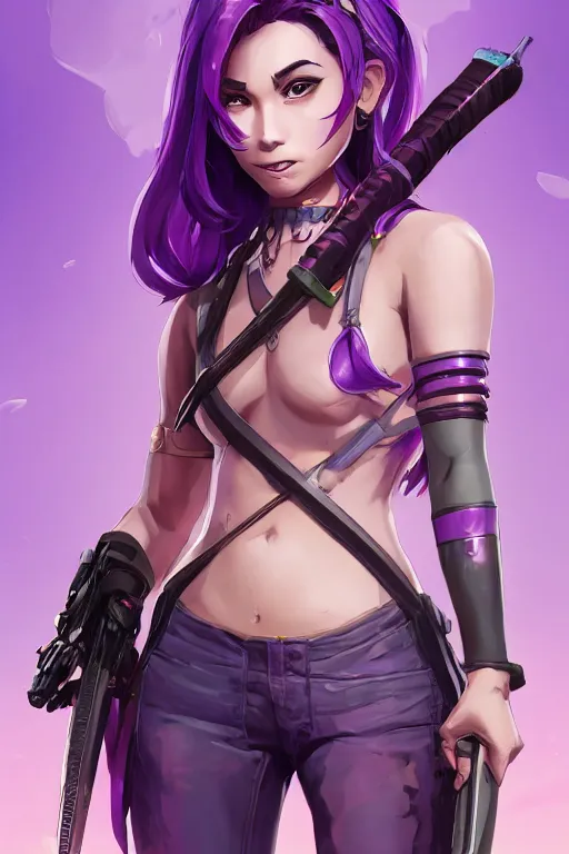 Image similar to beautiful female purple hair katana on back symmetrical face eyes full length fantasy art apex fortnite Video game icon, 2d game art gta5 cover , official fanart behance hd artstation by Jesper Ejsing, by RHADS, Makoto Shinkai and Lois van baarle, ilya kuvshinov, rossdraws