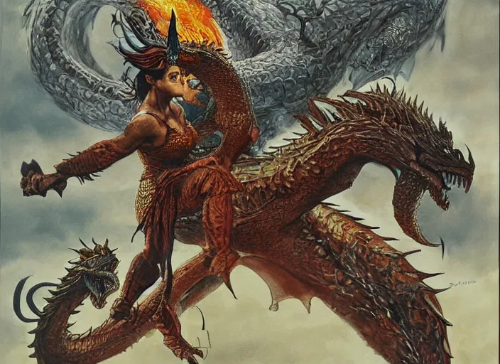 Image similar to intricate painting of salma hayek fighting a dragon by dariusz zawadski and alan lee and gris grimly, contemporary, creepy, acrylic