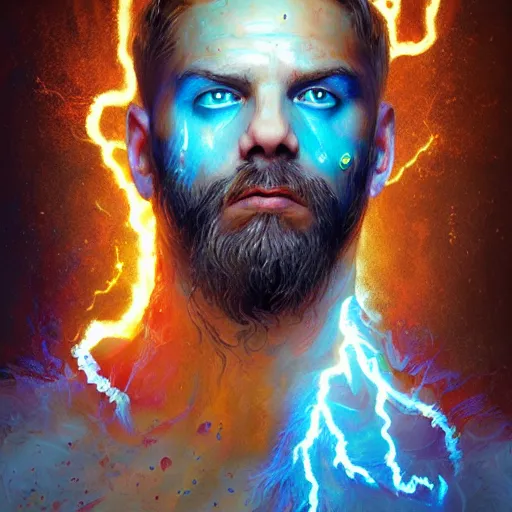 Prompt: portrait of zeus starring into the camera, fixed eyes, lightning environment, melted paint, melting, surreal, dramatic lighting, face, detailed, intricate, elegant, highly detailed, digital painting, artstation,, concept art, smooth, sharp focus, illustration, art by sam spratt, dan mumford, artem demura and alphonse mucha