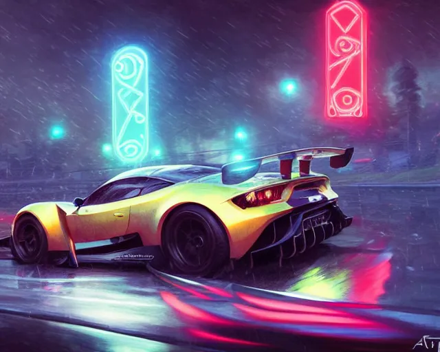 Prompt: sports car race, neon glow, heavy rain, deep focus, d & d, fantasy, intricate, elegant, highly detailed, digital painting, artstation, matte, sharp focus, illustration, hearthstone, art by artgerm and greg rutkowski and alphonse mucha