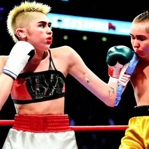 Prompt: portrait of miley cyrus boxing in a world title fight at madison square garden