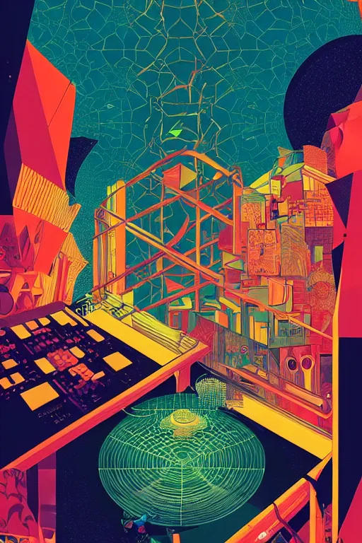 Image similar to giant concert festival truss with professional loud speakers, wall of sound, music recording studio, poster art by victo ngai, ori toor, kilian eng behance contest winner, crystal cubism, poster art, cubism, tarot card, psychedelic art, concert poster, poster art, maximalist