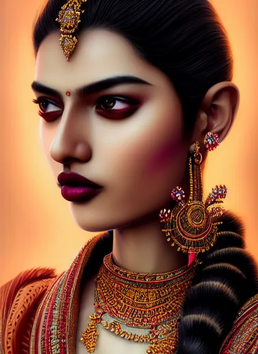 Prompt: portrait of indian model, intricate, ( ( robot features ) ), sharp focus, octane render, realistic, detailed, beautiful, unreal engine, symmetrical!!, maybelline, sephora, loreal, artstation, art by artgerm, rossdraws, art by karol bak, makeup by pat mcgrath, cinematic, concept art, filmic, vsco