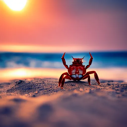 Image similar to a happy crab holding a beer in a beach, golden hour, bokeh, 4k