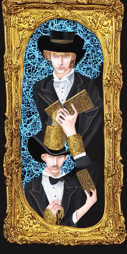 Image similar to beautiful detailed acrylic painting mystical mentalist man, has blond hair and a top hat. Wearing embroidered noble clothes. Heterochroma eyes. A small book with gold filigree in hand. Renaissance. Fantasy.