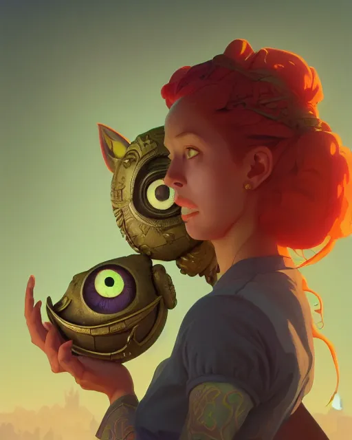 Image similar to highly detailed surreal vfx portrait of young woman wearing majora's mask, stephen bliss, unreal engine, greg rutkowski, loish, rhads, beeple, makoto shinkai and lois van baarle, ilya kuvshinov, rossdraws, tom bagshaw, alphonse mucha, global illumination, detailed and intricate environment