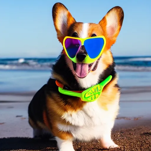 Prompt: a corgi puppy on the beach wearing neon sunglasses and smiling, dslr photo