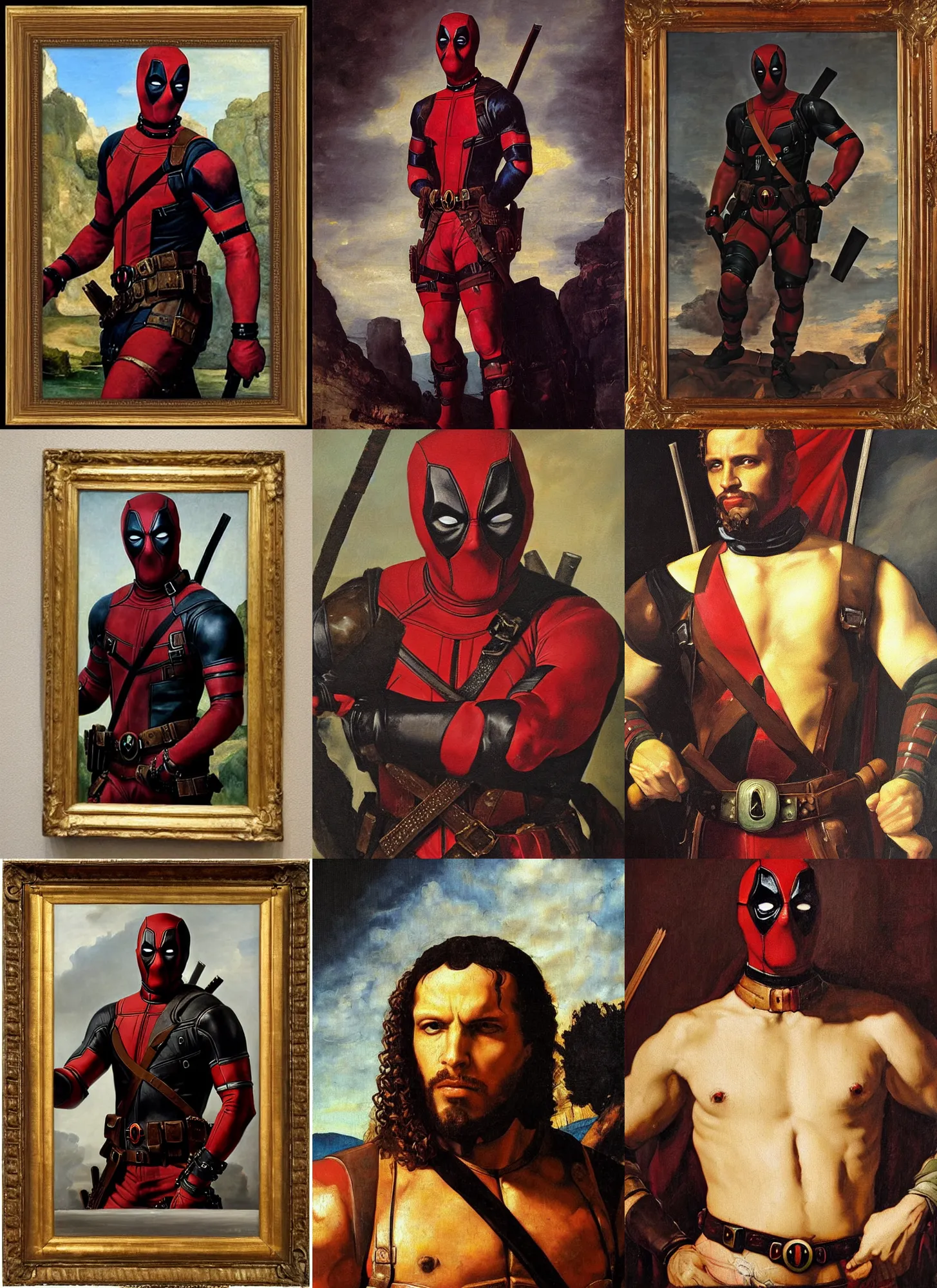 Prompt: oil painting of renaissance deadpool created by gustave courbet and michaelangelo, fantasy, portrait, highly detailed, large brush strokes