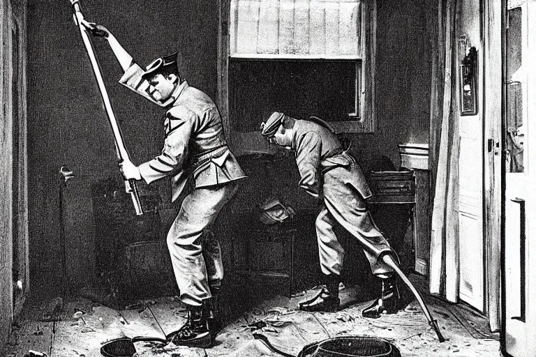 Image similar to a new yorker style cartoo of a soldier cleaning a room