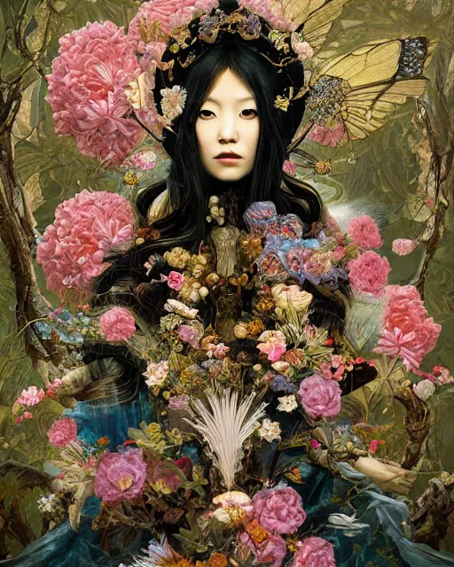 Image similar to portrait of the japanese queen of the underworld, surrounded by flowers by karol bak, james jean, tom bagshaw, rococo, sharp focus, trending on artstation, cinematic lighting, hyper realism, octane render, 8 k, hyper detailed.