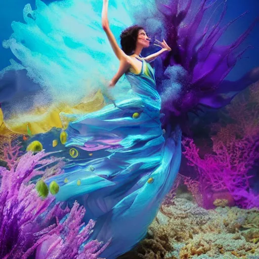 Prompt: masterpiece artwork of beautiful geni morrow woman dancing underwater wearing a flowing dress made of blue, magenta, and yellow seaweed, delicate coral sea bottom, swirling silver fish, swirling smoke shapes, octane render, caustics lighting from above, cinematic, hyperdetailed