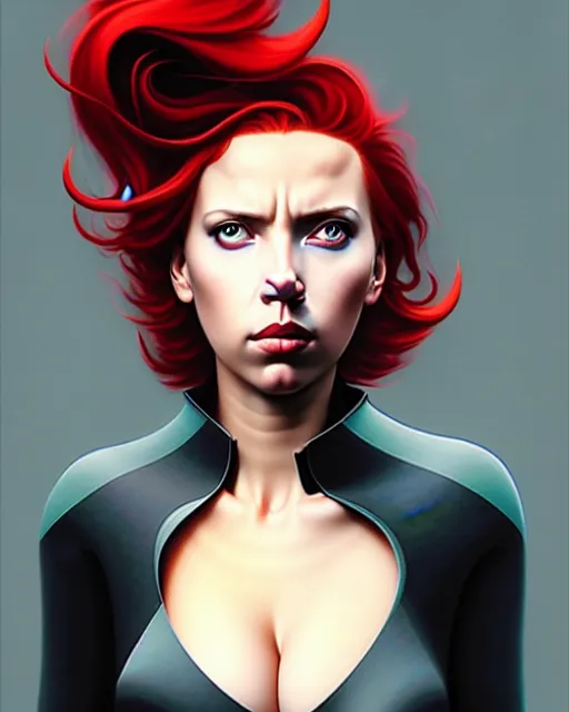 Image similar to peter mohrbacher, phil noto, artgerm, pretty scarlett johansson black widow, symmetrical eyes, long red hair