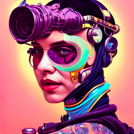 Image similar to high quality high detail portrait of a diesel punk jinx in an alien world, tristan eaton, victo ngai, artgerm, rhads, ross draws, hyperrealism, intricate detailed, alphonse mucha, 8 k, sci - fi, pastel colors, artstation,