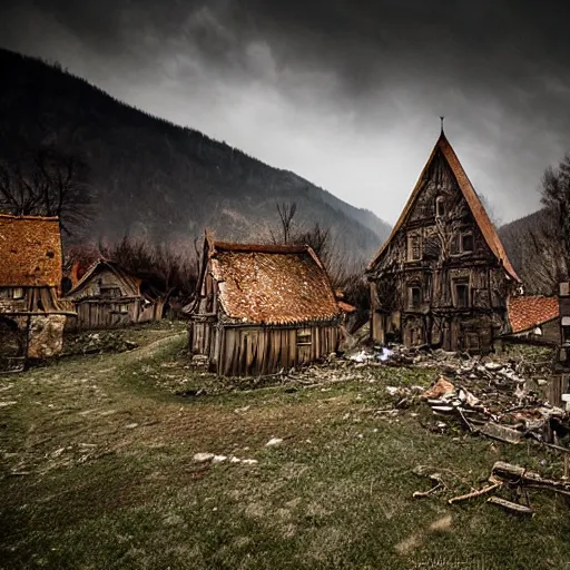 Prompt: Empty damaged old Transylvania village during an eerie night, Keith Thompson, horror, old village, Transylvania