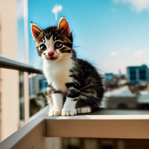 Prompt: a cute kitten on a balcony looking out on the city, low angle camera, cinematic, very detailed, 4 k, depth of field