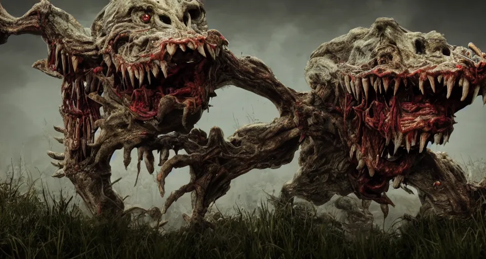 Prompt: a grotesque and malformed monster with an unhinged jaw and mouth full of teeth, crawling across the ground, high quality, unreal engine, octane render, natural light outside, animated horror still