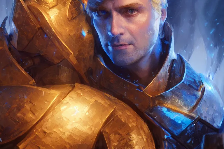 Image similar to closeup portrait of a blonde man in a blue suit with piercing armor with his sword, d & d, heartstone, digital painting, volumetric light, intricate, sharp, focus, bloom, illustration, highly detailed, concept art, matte, ruan jia, randy vargas, greg rutkowski