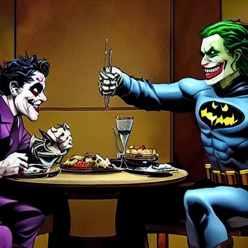 Prompt: A still of Batman and The Joker having dinner together, 4k, ultra realistic, detailed