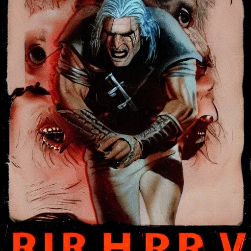 Prompt: 1980s VHS box cover of horror movie starring Geralt of Rivia