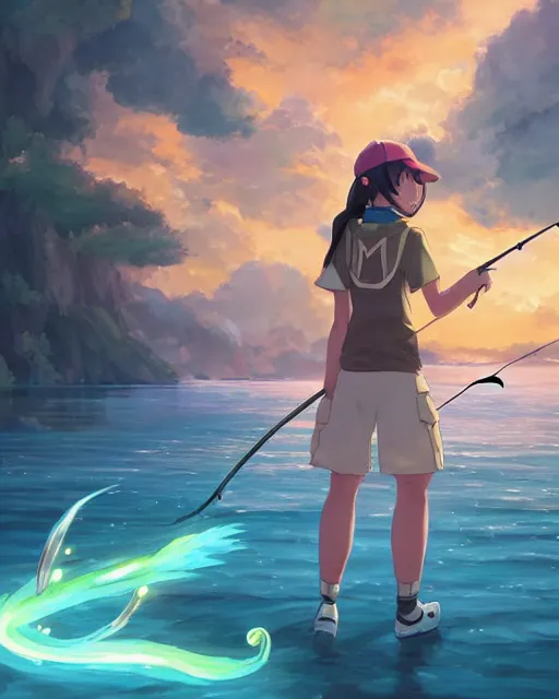 Image similar to a female pokemon trainer fishing for magikarp, full shot, atmospheric lighting, detailed face, by makoto shinkai, stanley artger m lau, wlop, rossdraws, james jean, andrei riabovitchev, marc simonetti, krenz c