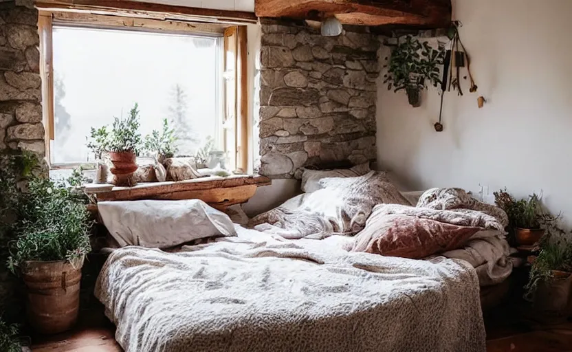 Image similar to cottage style bedroom, bright and cozy, rustic wood, bed, timberwork, lavender plants, bohemian style, large windows with a view of trees, beige, white