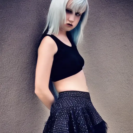 Prompt: teenage goth girl in mini skirt and crop top, intricate, extremely detailed, modeling photography, teen, tyftt, prime