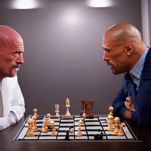 Prompt: photo of walter white and dwayne johnson playng chess, detailed 4 k