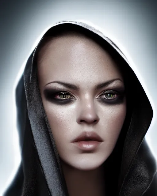 Image similar to closeup portrait, beautiful woman dark lord of the sith wearing a black hooded jedi cloak against a black background, white skin, dark eyes, rim light, volumetric lighting, concept art, smooth, sharp focus, arney freytag, glamour pose, soft ambient lighting, octane, 2 8 mm,