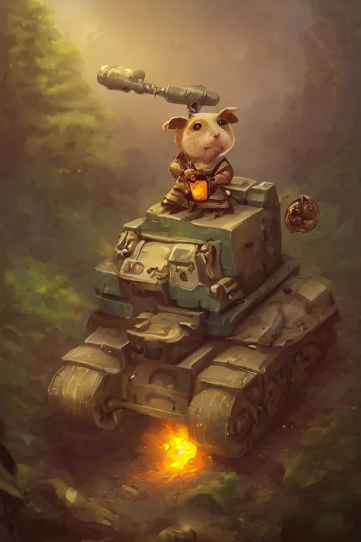 Image similar to cute little anthropomorphic Guinea Pig Tank driver next to its tank, tiny, small, short, Tank driver outfit, cute and adorable, pretty, beautiful, DnD character art portrait, matte fantasy painting, DeviantArt Artstation, by Jason Felix by Steve Argyle by Tyler Jacobson by Peter Mohrbacher, cinematic lighting