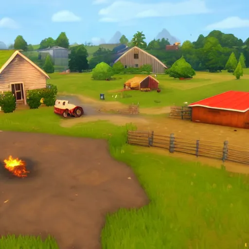 Image similar to a small vintage farm on fire in a corn field in the style of sims 4, gameplay footage