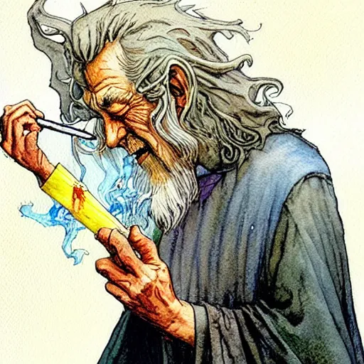 Image similar to a realistic and atmospheric watercolour fantasy character concept art portrait of gandalf with bloodshot eyes giggling and smoking weed out of his pipe by rebecca guay, michael kaluta, charles vess and jean moebius giraud