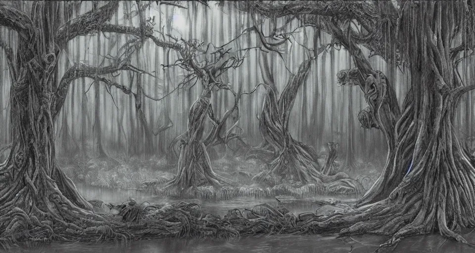 Prompt: A dense and dark enchanted forest with a swamp, by don bluth