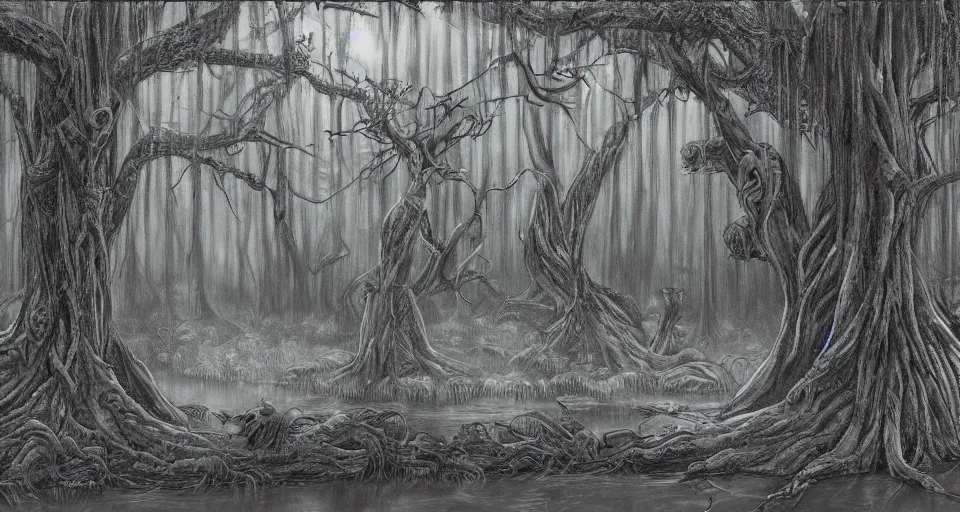 Image similar to A dense and dark enchanted forest with a swamp, by don bluth