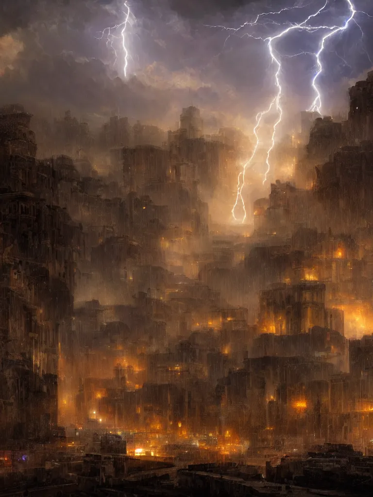 Image similar to epic scenery ancient city of troy under a sky full of lightning, intricate, elegant, volumetric lighting, digital painting, highly detailed, artstation, sharp focus, illustration, concept art, ruan jia, steve mccurry