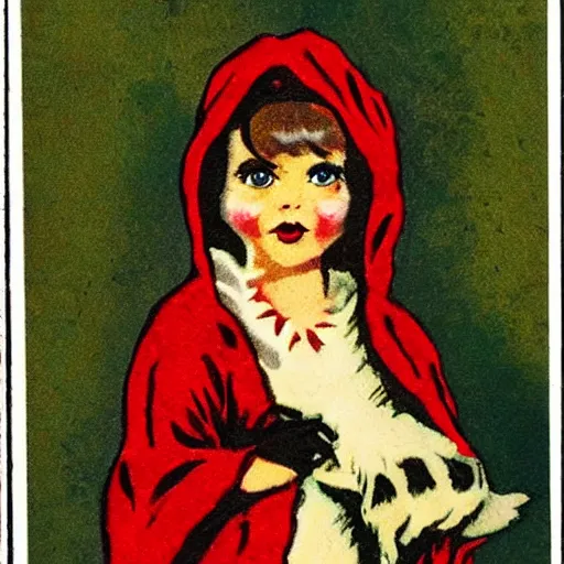 Image similar to little red riding hood wearing a luxurious fur coat with a wolf head hood, vintage Halloween postcard