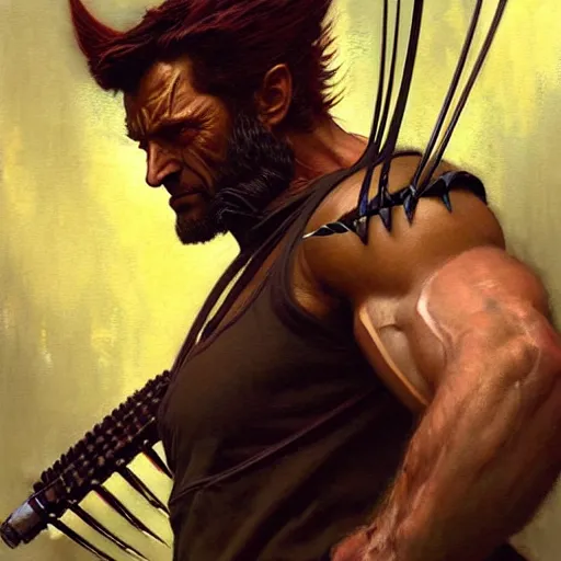 Image similar to portrait of wolverine. shadowrun cyberpunk fantasy highly detailed painting by gaston bussiere craig mullins jc leyendecker gustav klimt artgerm greg rutkowski john berkey, bergey, craig mullins, ruan jia, raymond swanland, jeremy mann, tom lovell, alex malveda