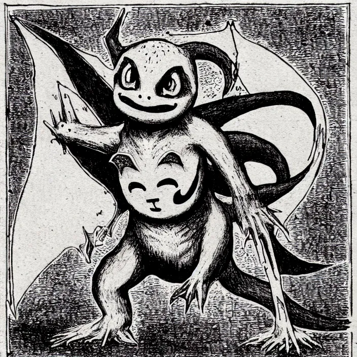 Image similar to charmander, as a demon from the dictionarre infernal, pen - and - ink illustration, etching by louis le breton, 1 8 6 9, 1 2 0 0 dpi scan, ultrasharp detail, hq scan, intricate details, stylized border