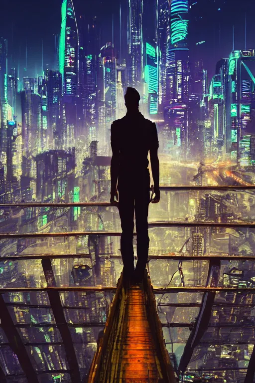 Image similar to a man standing on top of a bridge over a city, cyberpunk art by vincent lefevre, behance contest winner, altermodern, cityscape, synthwave, matte painting